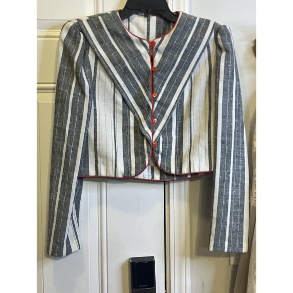 VTG 80s Betsy's Things Retro Striped Cropped Jacket Red Trim Blazer Mod Size S